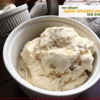 bowl of ice cream with text " no churn salted caramel pecan ice cream"