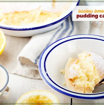 pudding cake in a bowl with text verlay "lemon pudding cake"