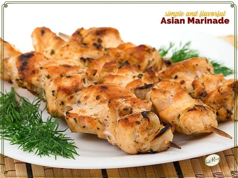 chicken skewers on a plate with text overlay "easy and flavorful Asian marinade"