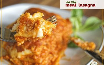 fork holidng a piece of lasagna with text overlay "no boil meat lasagna"