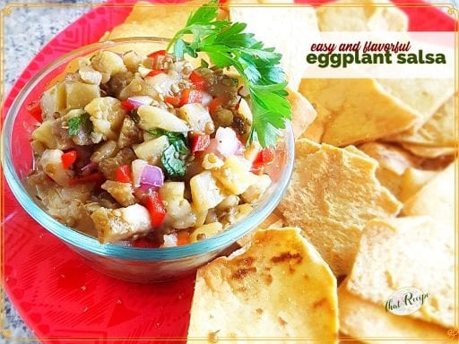 plate of salsa and chips with text overlay "easy and flavorful eggplant salsa"