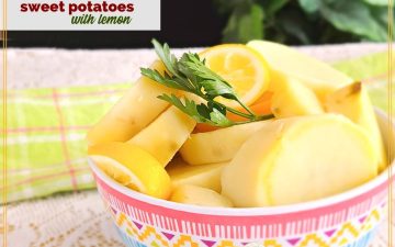 sweet potatoes and lemon slices in a bowl
