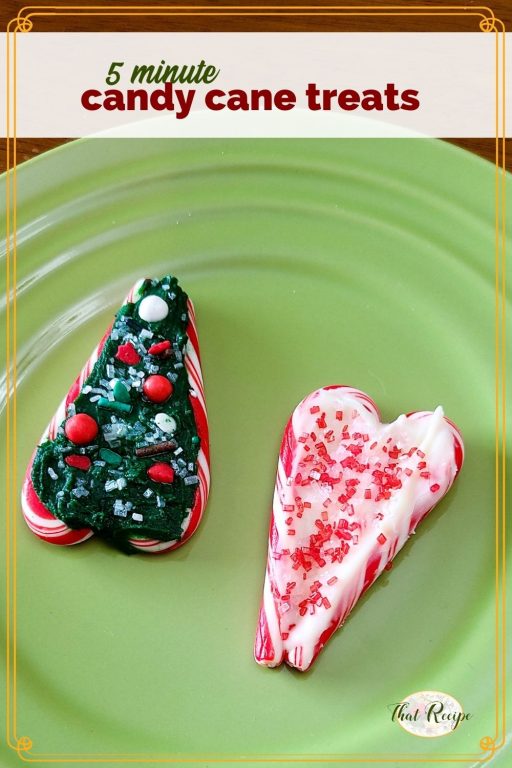 heart and tree candies made from candy canes with text overlay "5 minute candy cane treats"