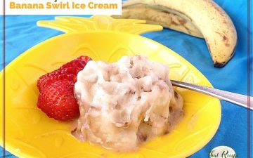 banana ice cream in a bowl with text overlay "Daniel Tiger's Banana Swirl Ice Cream"