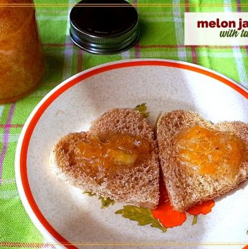 yellow jam on heart shaped toasts with text overlay "melon jam with tarragon"