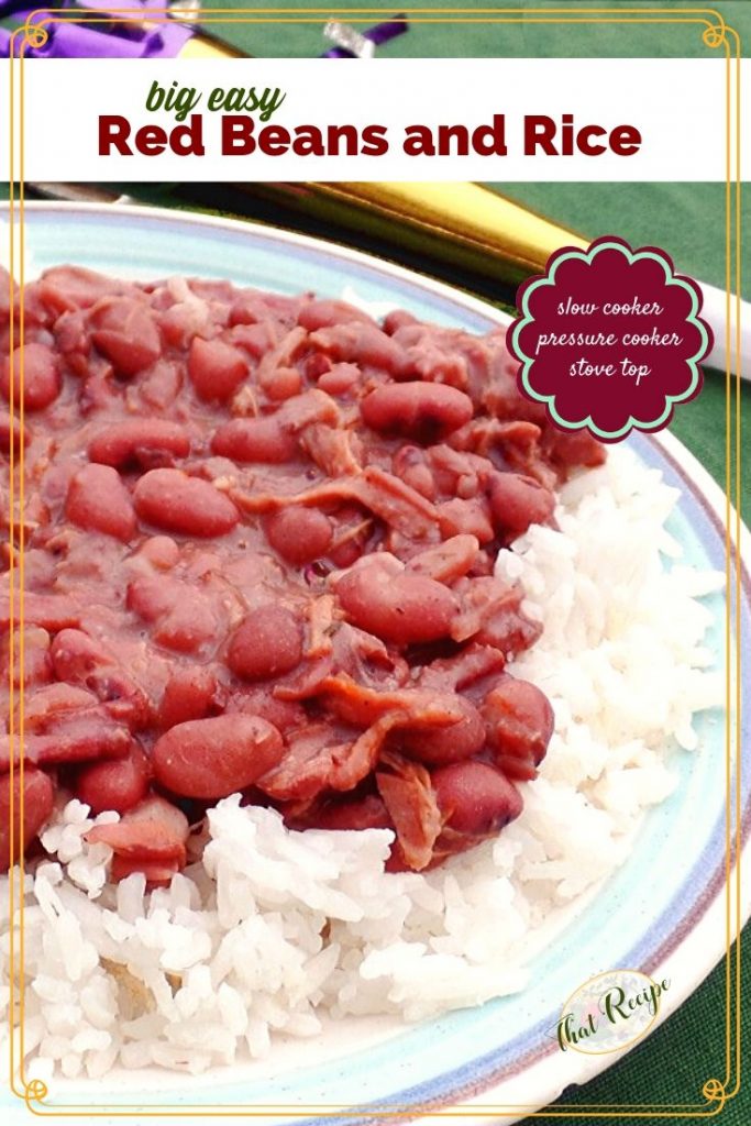 close up of red beans and rice on a plate with mardi gras horn
