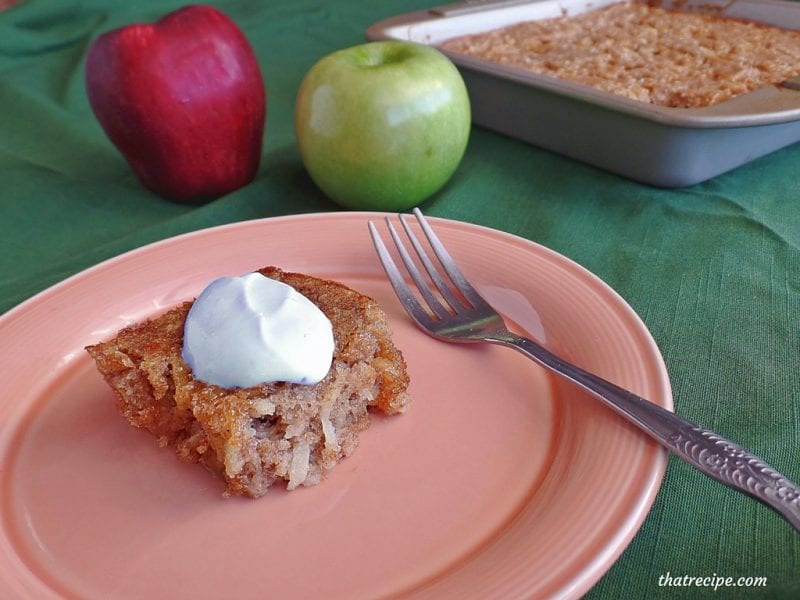 Caramel Apple Cake - healthy snack cake with caramels, grated apples and whole wheat flour. Topped with a Yogurt Whipped Cream.