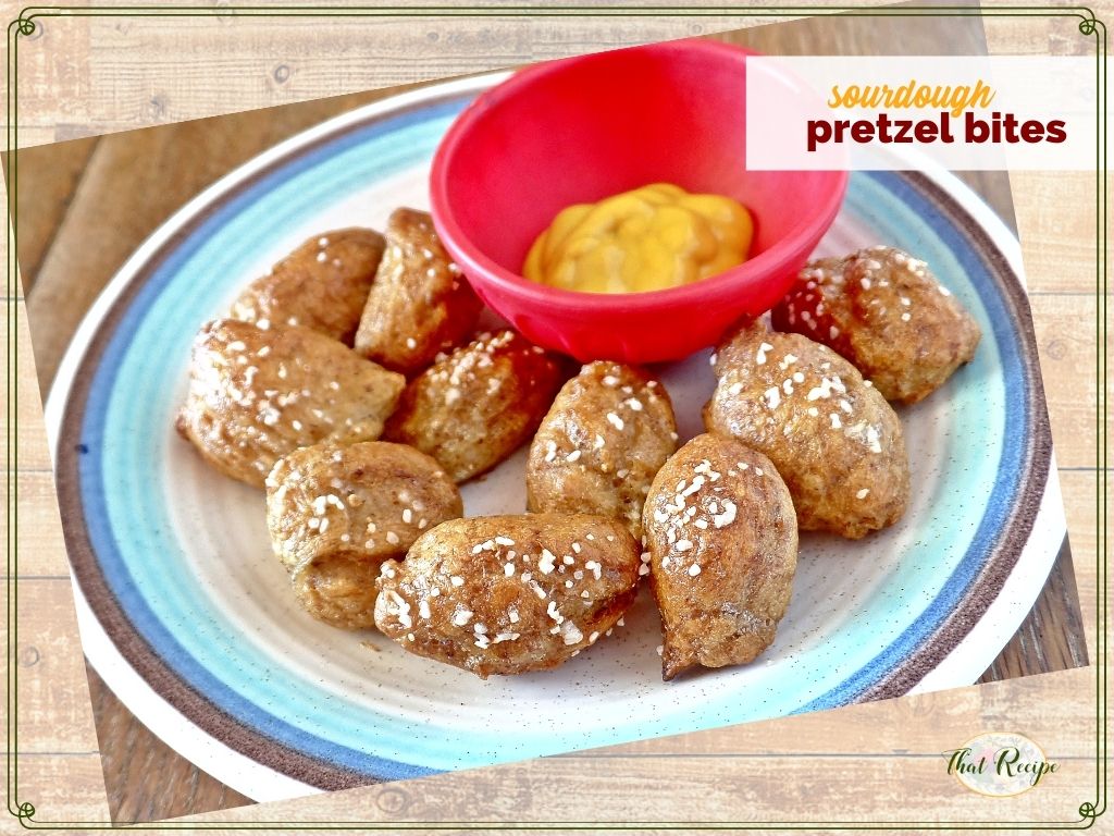 sourdough soft pretzel bites on a plate with mustard dip