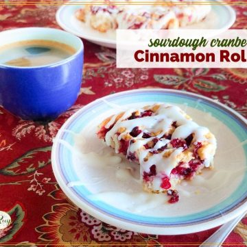 cinnamon roll on a plate with text overlay sourdough cranberry cinnamon rolls