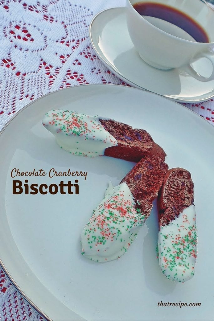 Chocolate Cranberry Biscotti - twice baked crunchy chocolate Italian biscuits studded with dried cranberry for dipping in coffee, latte, cappuccino, etc.