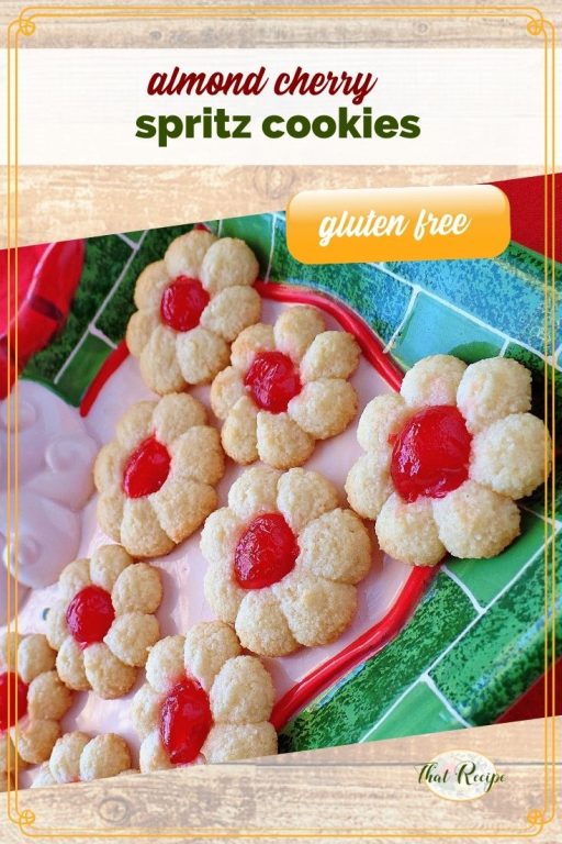 top down view of spritz cookies with text overlay gluten free almond cherry spritz cookies"