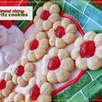 top down view of spritz cookies with text overlay gluten free cherry almond spritz cookies"