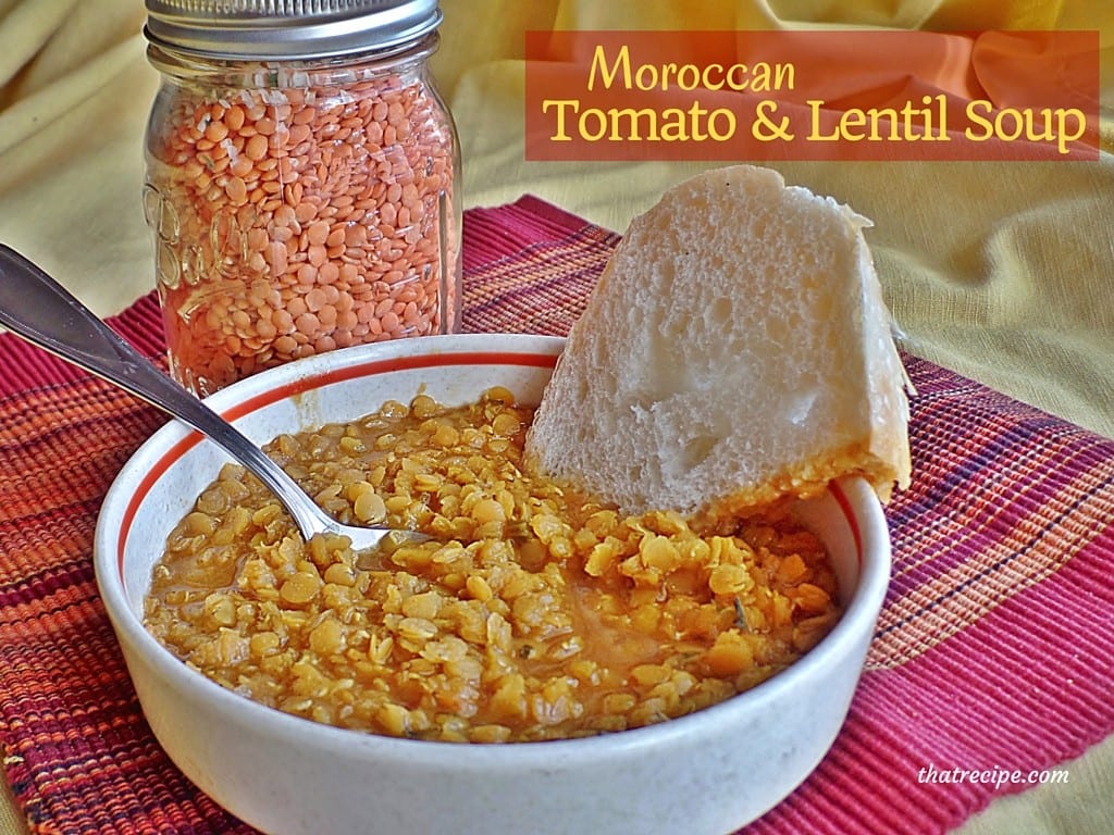 Moroccan Lentil and Tomato Soup - healthy lentil soup loaded with flavorful spices. Vegan, vegetarian, gluten free. gifts in jars.