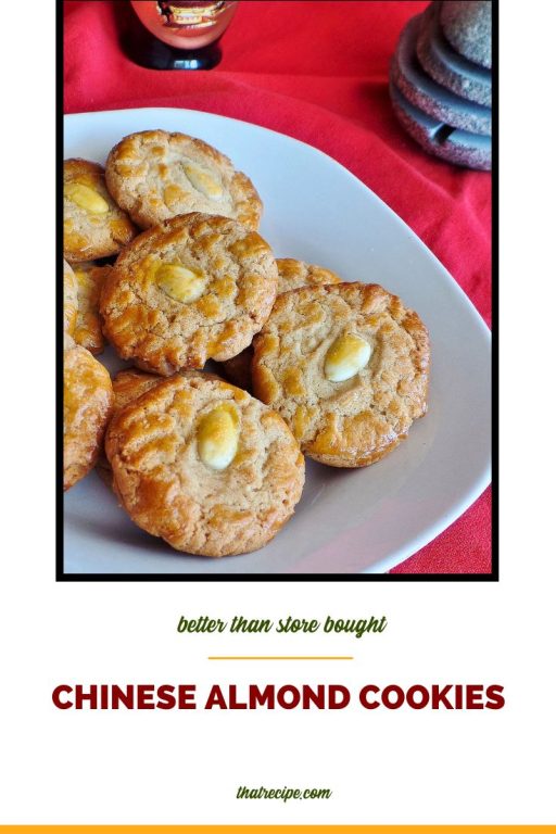 Almond cookies on a plate with text overlay "Chinese Almond Cookies"