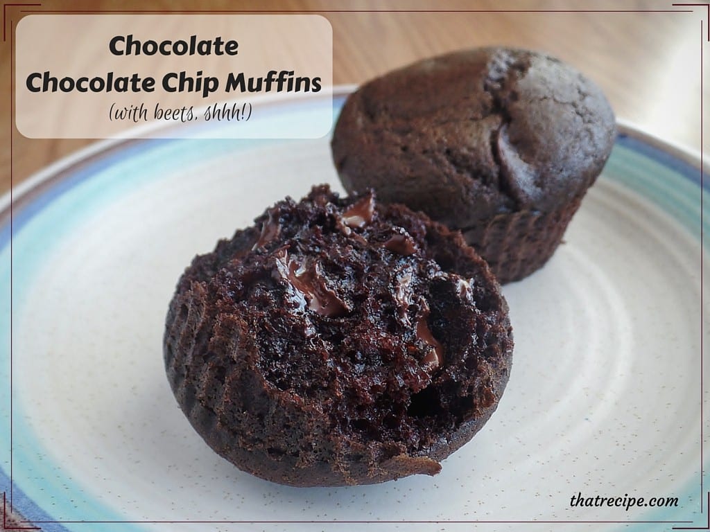 Chocolate Chocolate Chip Muffins with Beets - Chocolate muffins with beets added for moisture and rich dark color plus nutritional boost.