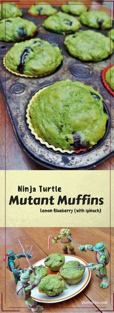 Mutant Muffins: Lemon Blueberry Muffins with Spinach - A low fat lemon blueberry muffin colored with spinach puree for your TMNT fan.