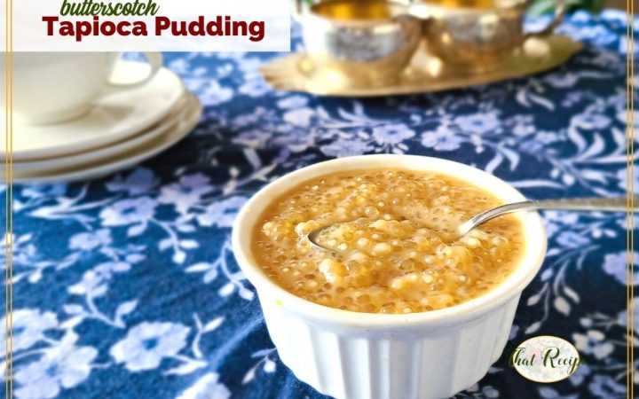 ramekin of tapioca pudding with text overlay :butterscotch tapioca pudding"