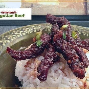 mongolian beef on rice with text overlay "easy homemade Mongolian beef"