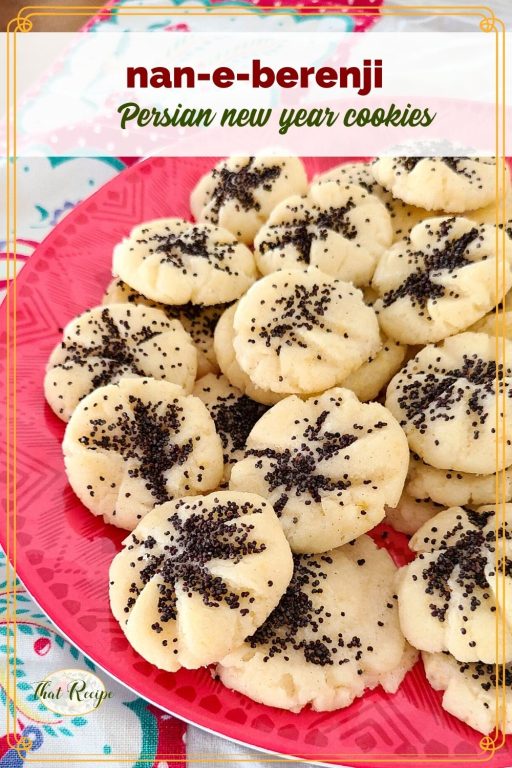 Persian new year's cookies with poppy seeds on a plate with text overlay (nan-e berenji)