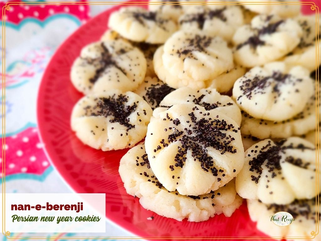 Persian new year's cookies with poppy seeds on a plate with text overlay (nan-e berenji)