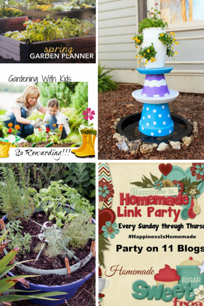 Happiness is Homemade gardening features: DIY Water FOuntain, gardening with Kids, Herb Garden in a wheel, Spring Garden Planner.