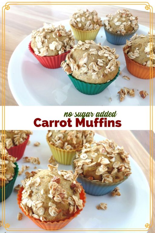 carrot muffins on a plate with text overlay "no sugar added carrot muffins"