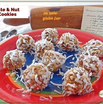 close up view of cookies on a plate with text overlay "No Bake Date and Nut Cookies"