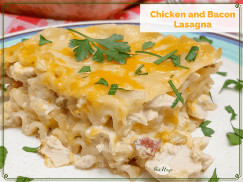 Creamy Cheesy Chicken and Bacon Lasagna. Hearty comforting lasagna recipe without tomatoes. #recipes #lasagna