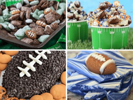 collage of football shaped desserts