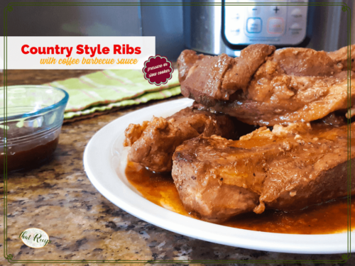 country style pork ribs on a plate with a side of coffee barbecue sauce