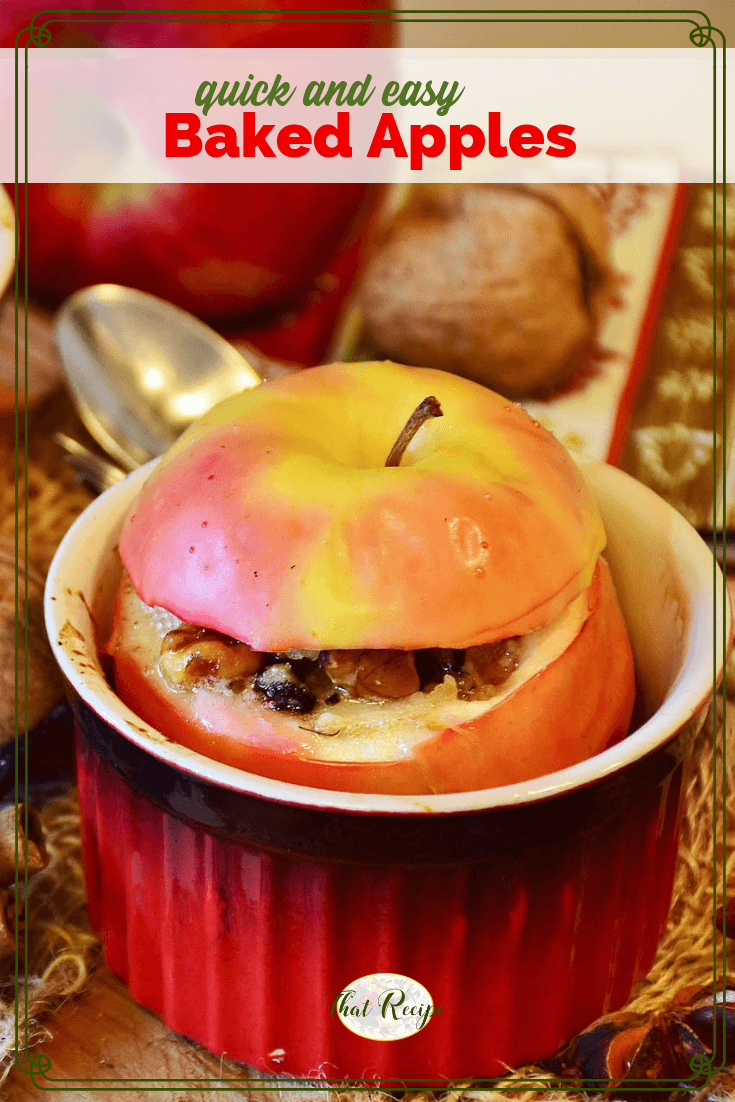 Quick and easy baked apple recipe loaded with cinnamon, nuts and raisins is a sure to please Autumn dessert #applerecipe #bakedapples #falldessert