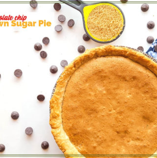 brown sugar pie with chocolate chips and bag of IMperial brown sugar with text overlay "Chocolate Chip Brown Sugar Pie"