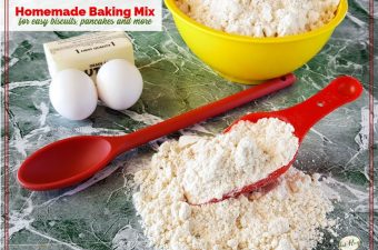 homemade biscuit mix on counter with ingredients for pancakes