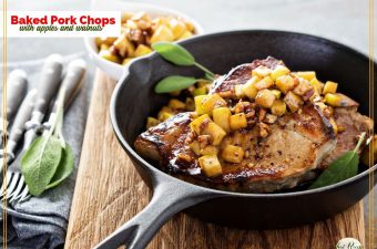 pork chop in a cast iron skillet with apples