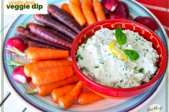 vegetables on a plate with ricotta dip and text overlay "ricotta herb veggie dip"