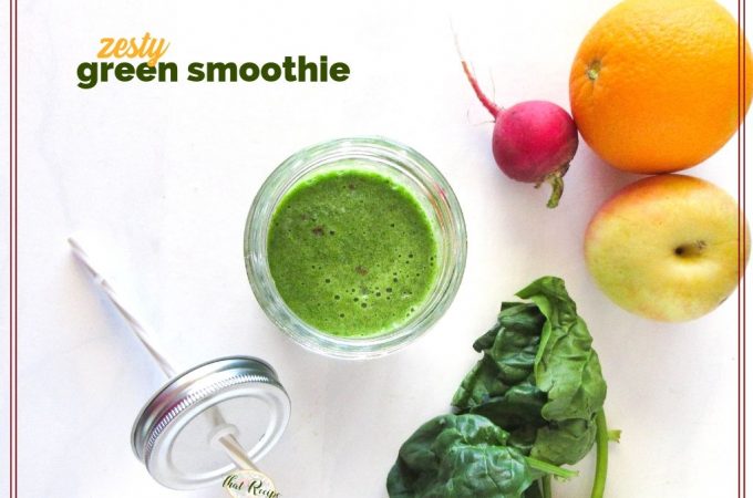 green smoothie plus ingredients on a white background with text overlay "zesty green smoothie"