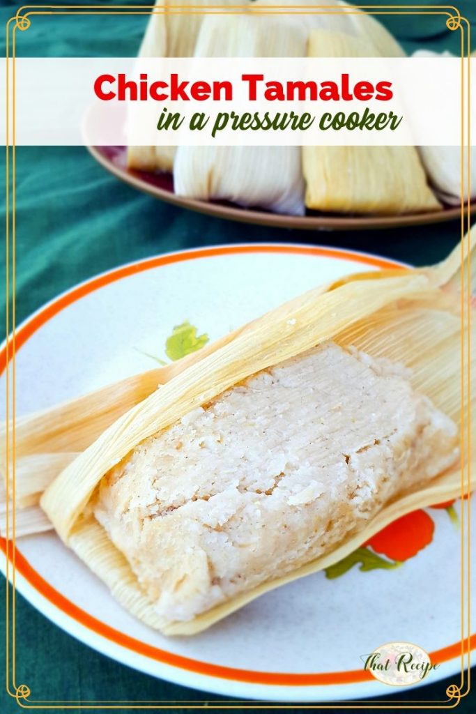 opened chicken tamale on a plate with plate of unopened tamales