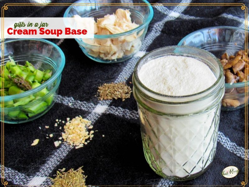 dry cream soup base mix in a jar with containers of mushrooms, asparagus and chicken.