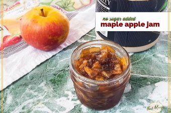 apple jam in a jar with maple syrup and apple and text overlay "no sugar added maple apple jam"