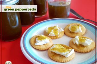 crackers with brie and green pepper jelly on a plate with jars of jalapeno jelly and text overlay "easy green pepper jelly"