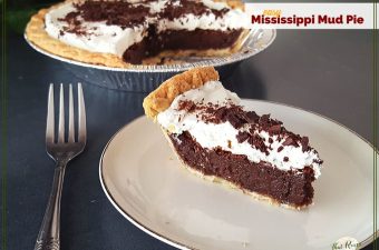 slice of chocolate pie with whipped cream on a plate with text overlay "easy Mississippi Mud Pie"