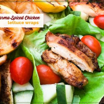 chicken lettuce wraps on a plate with text overlay "Shwarma-spiced chicken lettuce wraps"