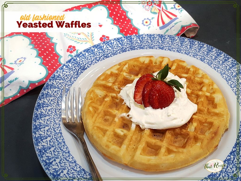 waffle on a plate topped with strawberry and whipped cream with text overlay "old fashioned yeasted waffles"