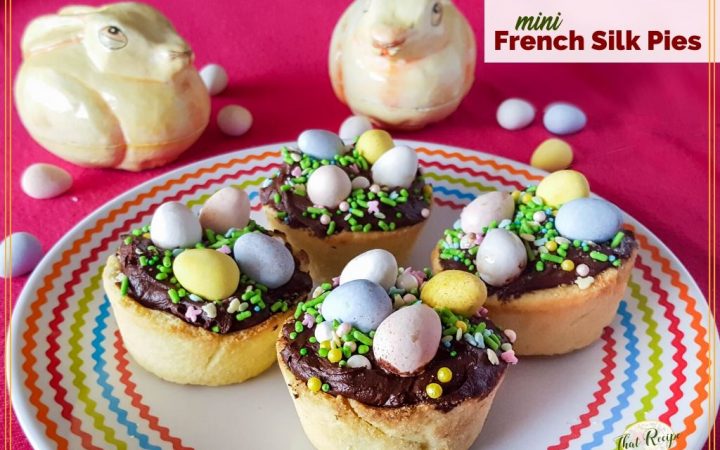 mini chocolate nest tartlets with text overlay "mini French Silk Pies"