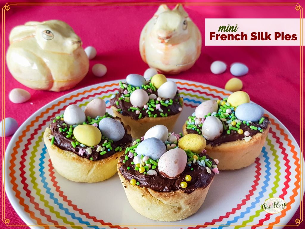 mini chocolate nest tartlets with text overlay "mini French Silk Pies"