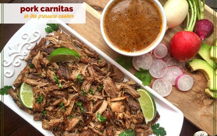 plate of pork carnitas with sauce and vegetables on the side.