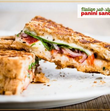close up of sandwich with text overlay "Italian sub panini sandwich"