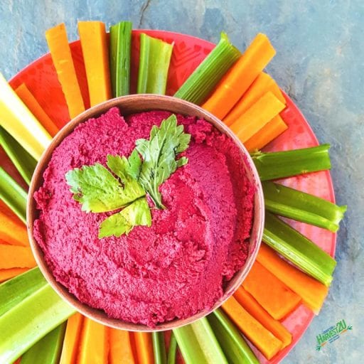 beet hummus surrounded by carrots and celery
