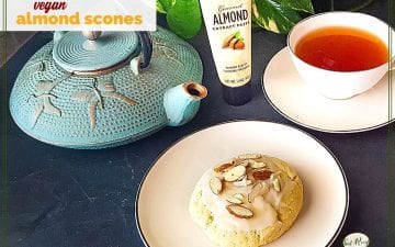 almond scones on a cooling rack with text overlay "vegan almond scones"