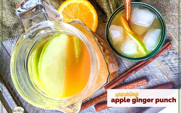 top down view of pitcher and glass filled with punch and text overlay "sparkling apple ginger punch"